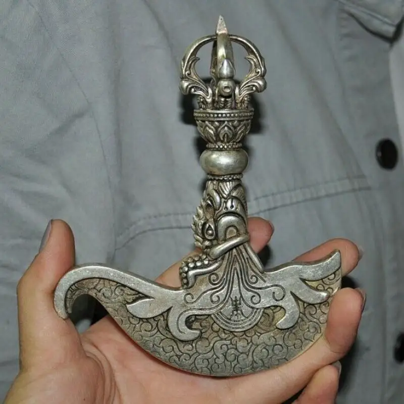 Tibetan Silver Vajra Dorje Phurpa Exorcism Talisman Hatchet Tomahawk Ax Axe Collection Ornaments Statues for Decoration