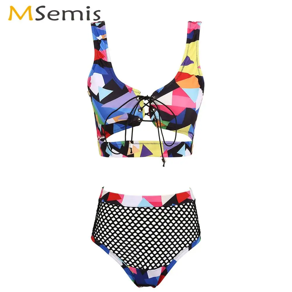 

Women Exotic Flamingo/Grid Print Bikini Bathing Suit Fashion Montage Lingerie Set Sexy Strappy Crop Top+High Cut Fishnet Panties