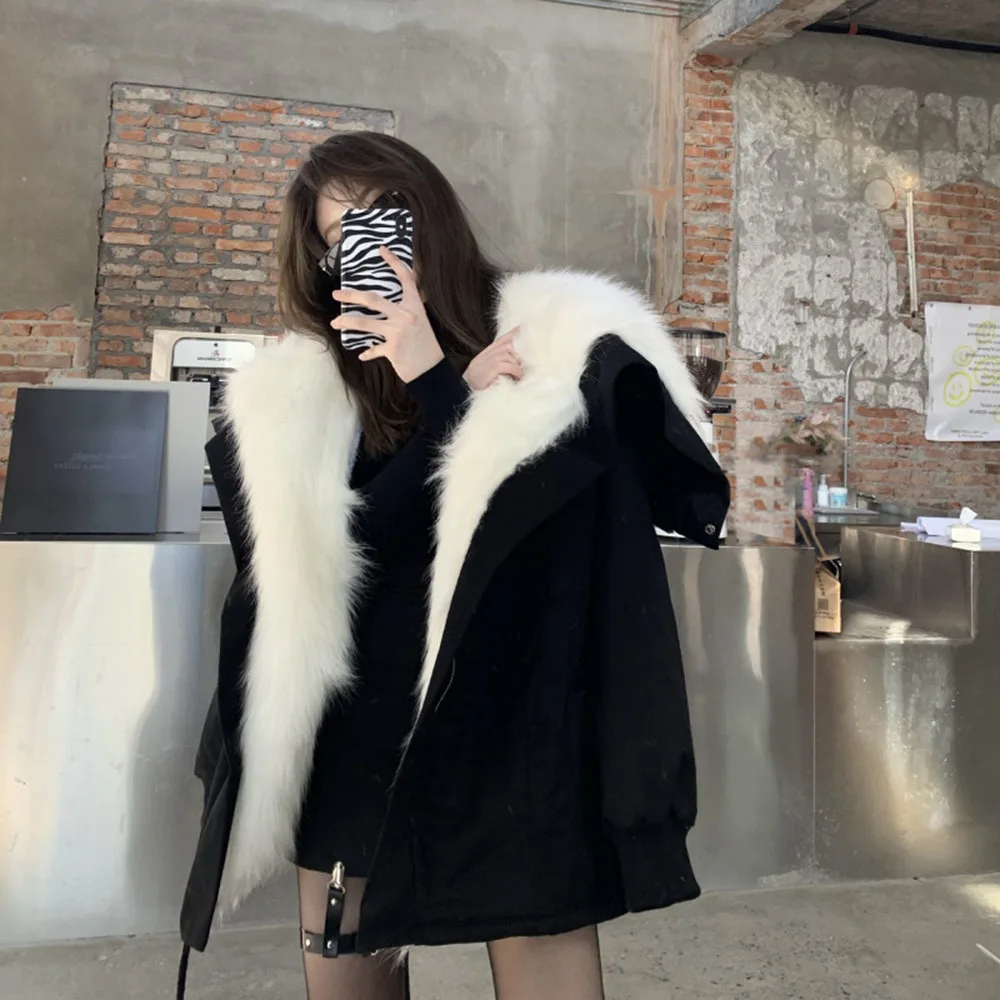 Winter Fleece Thicken Warm Solid Women Parka Autumn Black Oversize Jackets Faux Fox Fur Plush Padded Coat Female Casual Overcoat