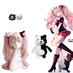 Danganronpa Enoshima Junko peruka do Cosplay różowe długie faliste z przypinany kucyk żaroodporne peruka do Cosplay + niedźwiedź spinki dziewczyna prezent