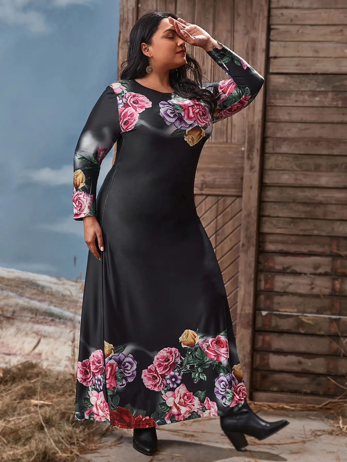 Autumn Winter Dress Women Long Sleeve Rose Floral Print Casual Dress Black Maxi Long Dresses Plus Size Women Clothing