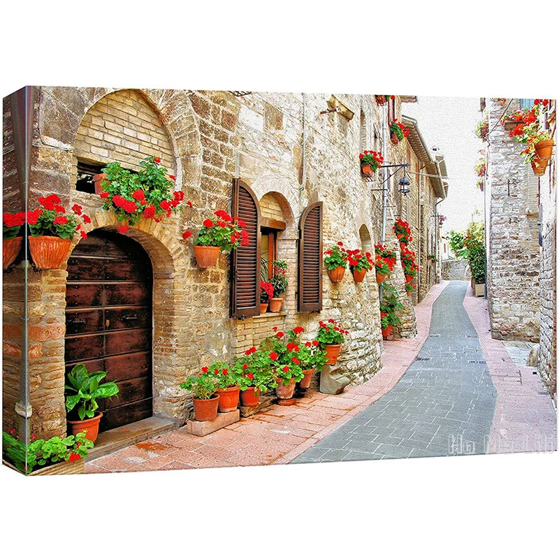 Beautiful Scenery Of Picturesque Lane With Flowers In An Italian Hill Town Canvas Wall Art For Living Room Office Decoration