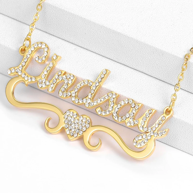 Personalized Name Necklace With Heart Pendants For Women Bling Iced Out Name Chain With Stainless Steel Custom Name Necklace Gif