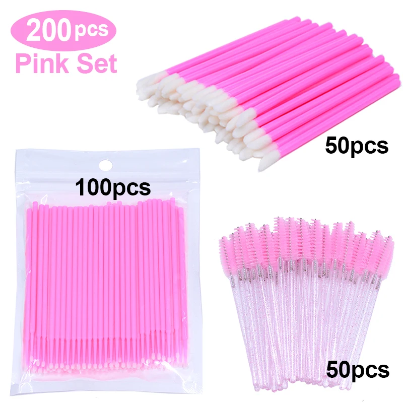 200PCS Pink  Mascara Wands Lip Gloss Wand Brush and Eyelash Cleaning Micro Applicator Set 3 in 1 Eye Lash Makeup Tools in Bundle