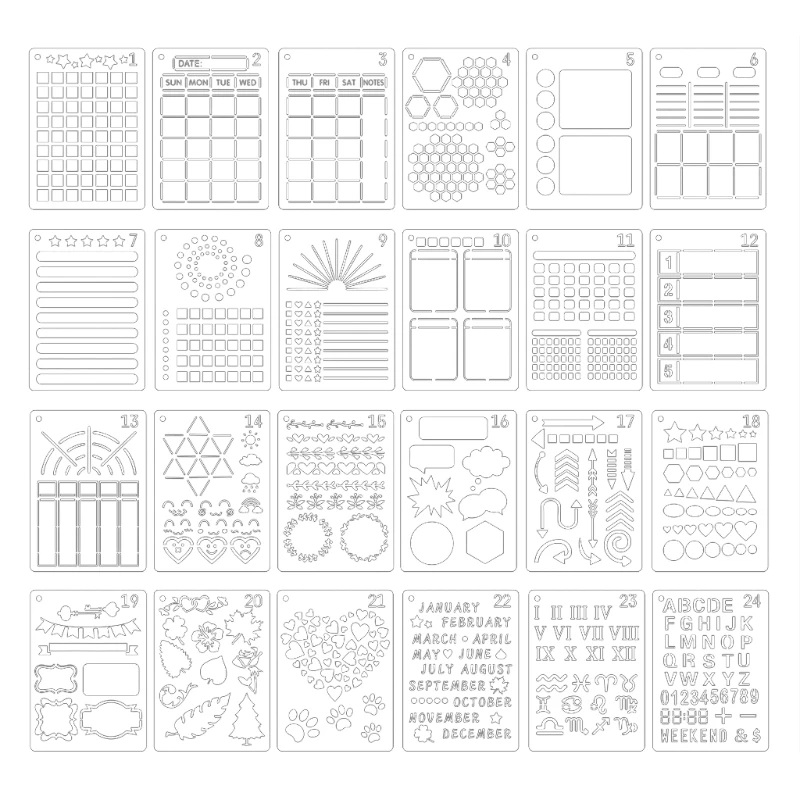 24 Pack Journal Planner Stencils, Reusable Bullet Stencils Set for A5 Notebook & Most Journals, Includes Letter Stencil, & P9JD