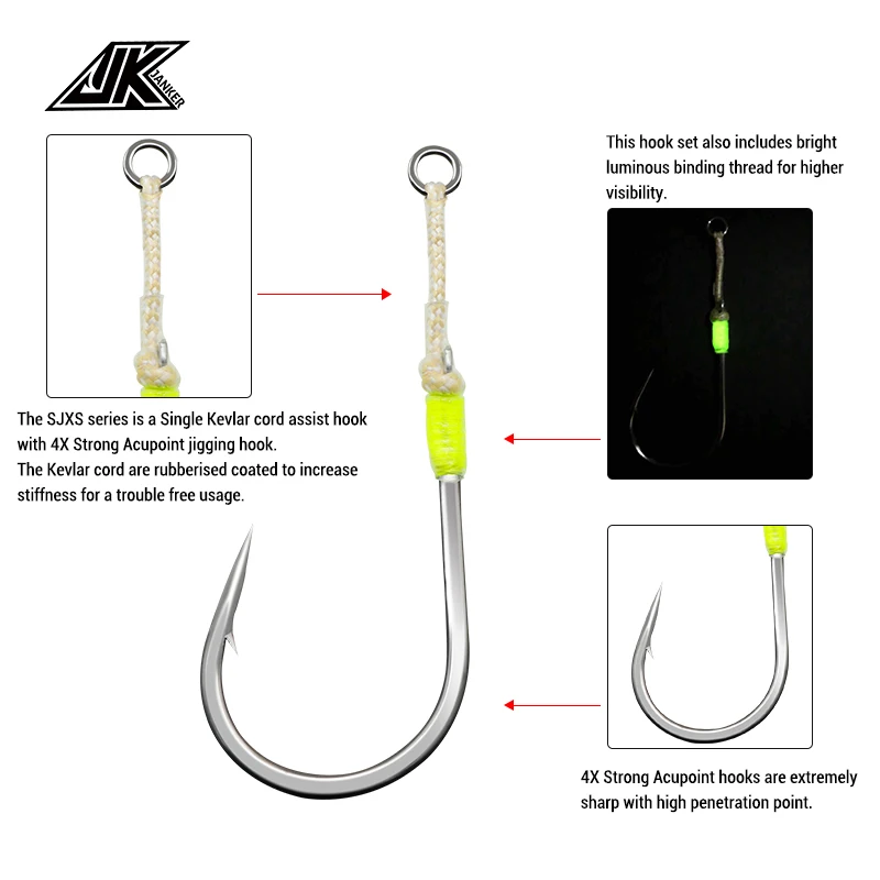 JK 5PACKS 4X Single Hook Hole Luminous Hook Deep Sea Fishing Hook Heavy Hook Carbon Fishing Tackle