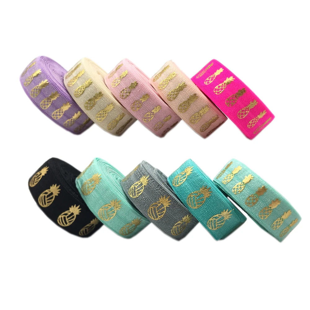 

10Y 15mm Gold Foil Pineapple Print Fold Over Elastic Ribbon For Sewing Hair Tie Strap Backpack Decoration Accessories Wholesale