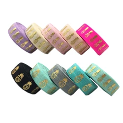 10Y 15mm Gold Foil Pineapple Print Fold Over Elastic Ribbon For Sewing Hair Tie Strap Backpack Decoration Accessories Wholesale
