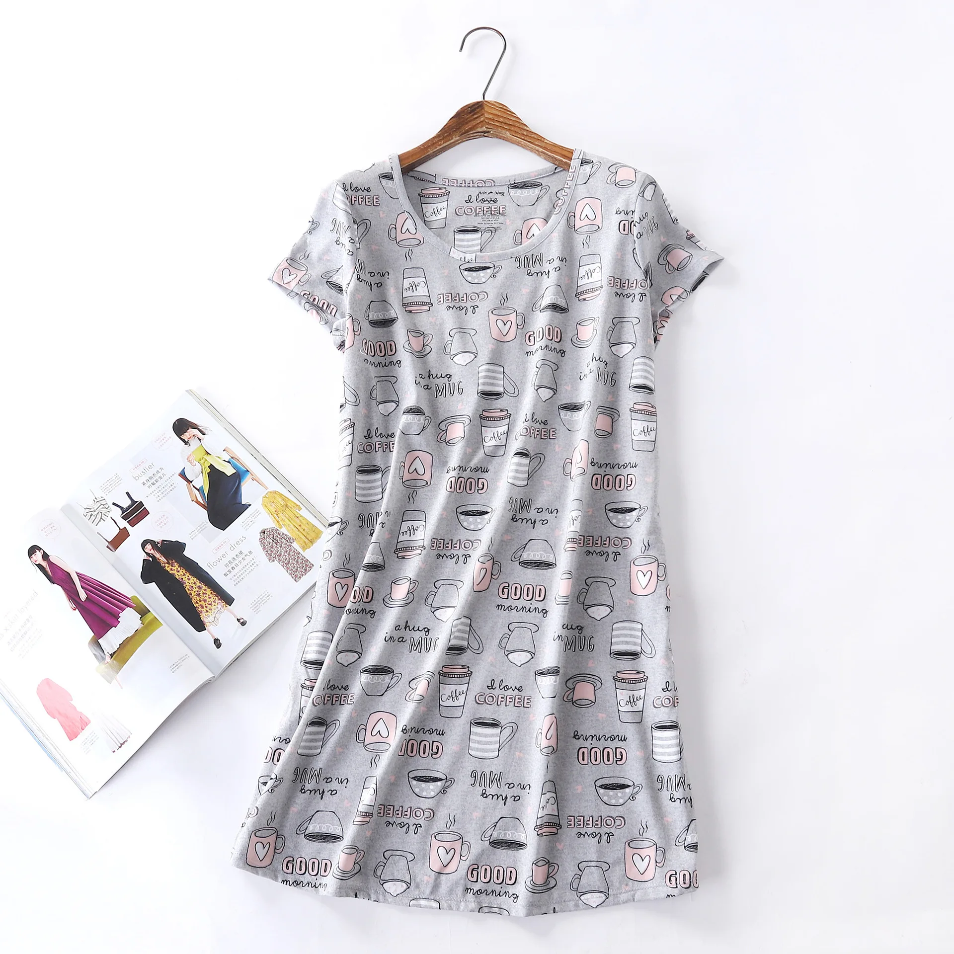 Vestido de dormir informal para mujer, Camisón de algodón de manga corta, talla grande, 2024