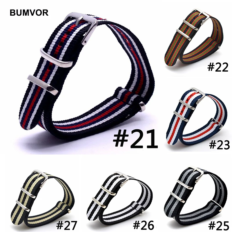 BUMVOR 20mm Sport Woven Nylon Strap Watchband Army Striped Fabric Wristband Substitution DW Watch Steel Buckle Belt