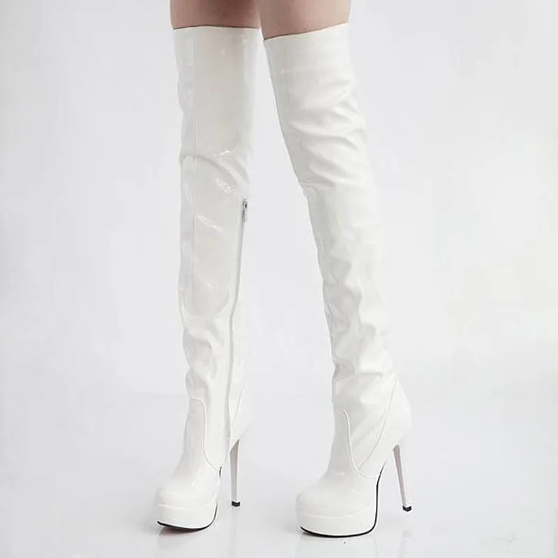 New Pole Dancing Boots Bright Patent Leather Thigh High Heel Knight Boots Waterproof Side Zip Women Tall Knee Boots Plus Size 43