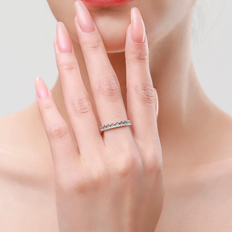Ailmay Fashion 925 Sterling Silver Dazzling Zircon Chain Shape Stackable Finger Ring For Women Girls Party Accessories Jewelry