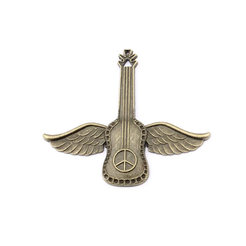 5PCS Antique Bronze Large Angle Wings Feather Guitar Charms Pendant for Necklaces Jewelry Making Accessories Craft 63x54mm