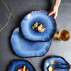 ANTOWALL Japanese Retro Ceramic Dishes Household Irregular Flat Plates Ceramic Tableware Wholesale Dropshipping Food Plates