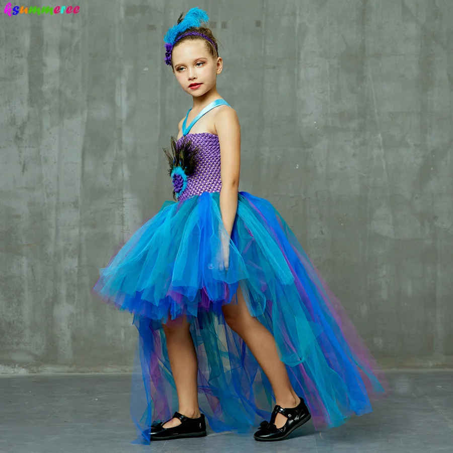 Peacock Tutu Costume Dress Child Girls Pageant Prom Ball Gown Princess Peacock Feather Halloween Birthday Party Train Dress