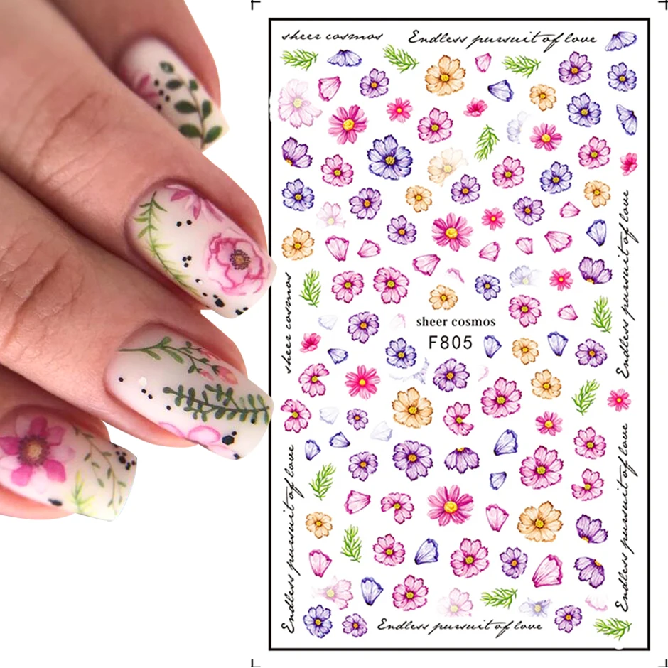 1pc 3D Charms Flower Leaf Nail Art Stickers Watercolor Sakura Geometry Line Spring Decor Sliders Manicuring Accessories GLF802