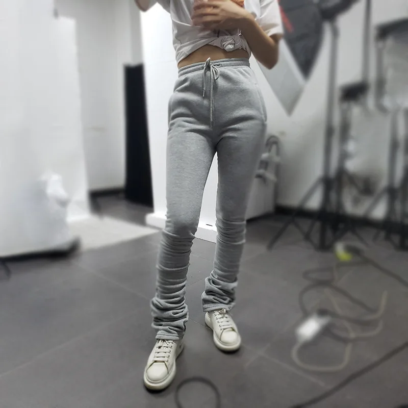 Thicken Stacked Sweatpants Leggings Fleece Women\'s New Solid Color Elastic High Waist Pleated Drawstring Stacked Pants Women