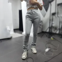 Thicken Stacked Sweatpants Leggings Fleece Women's New Solid Color Elastic High Waist Pleated Drawstring Stacked Pants Women