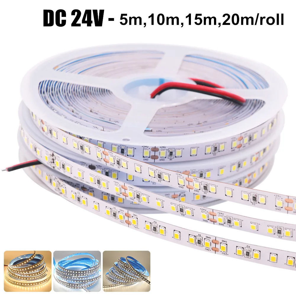 

DC 24V LED Strip SMD 2835 5m 10m 15m 20m/Roll 120LEDs/m 3000K 4000K 6000K Flexible Rope Ribbon Tape Light Lamp for Home Deco