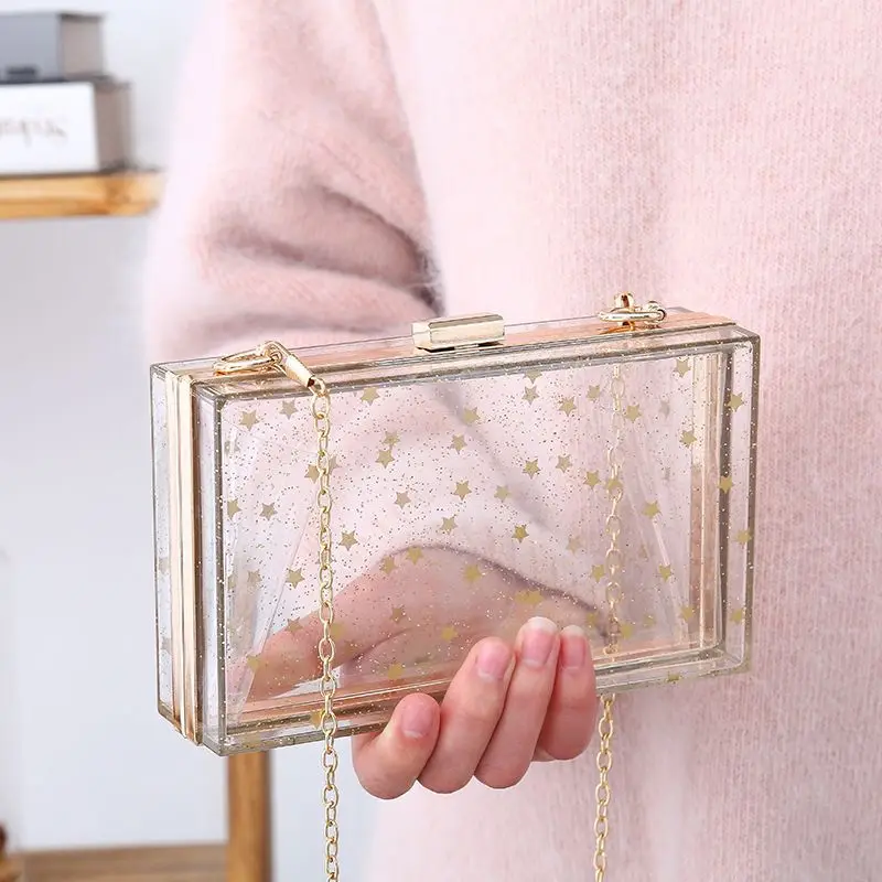 New Acrylic Transparent Clutch Bag Women Wallet Handbag Sequins Star Shoulder Messenger Bags Wedding Party Day Clutch Purse Box