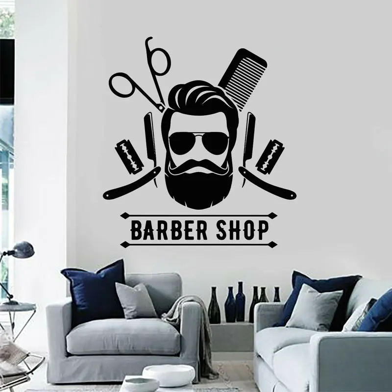 

Barber Tools Stylist Hair Cool Haircut Barber Shop Sign Wall Sticker Vinyl Decoration Room Window Decals Interior Mural 4117