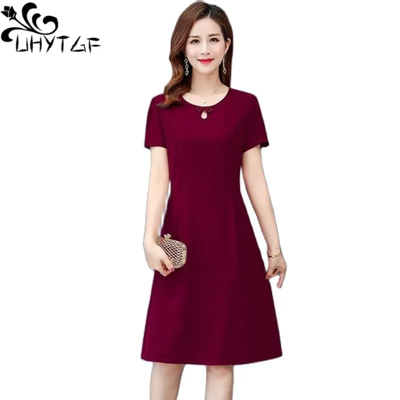 

UHYTGF Fashion Women Summer Dresses Short Sleeves Ice Silk Linen Elegant Dress Middle-Aged Elderly Female 5XLPlus Size Dresses 7