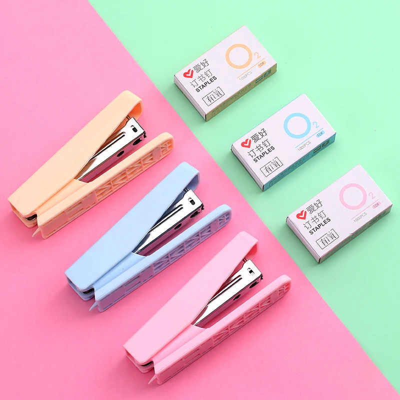 Cute Macaron Color Stapler with Staples Set Creative Plastic Metal Pure Color File Binding Machine Tools School Office Supplies