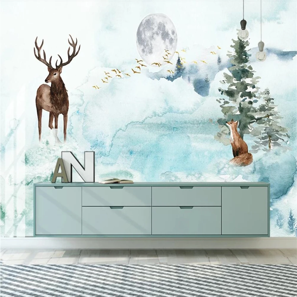 

Milofi custom large wallpaper mural Nordic fresh elk nordic forest modern art living room background wall decoration painting