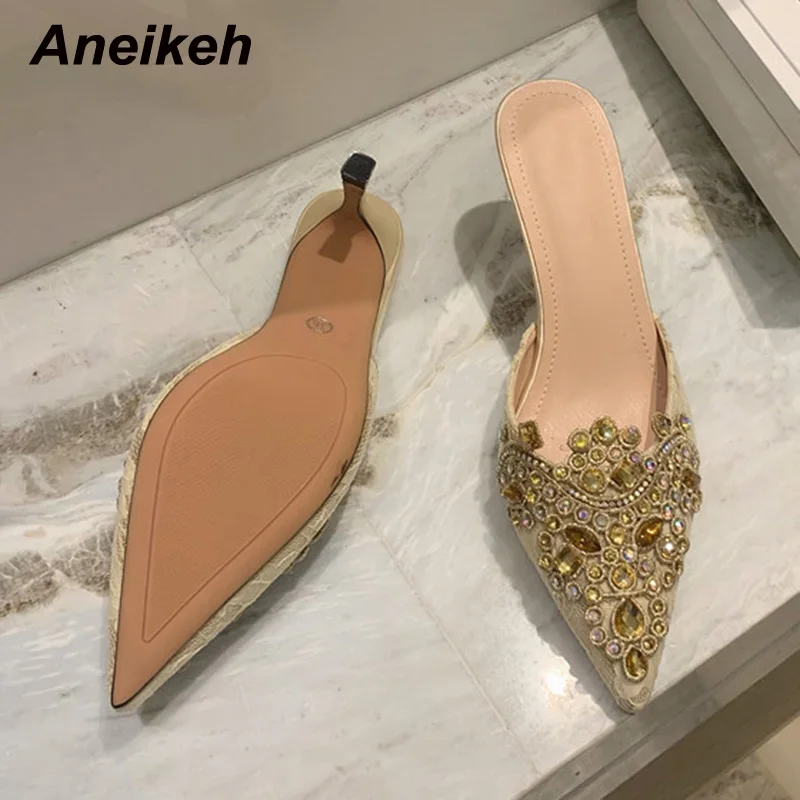 Aneikeh NEW 2024 Summer Fashion Bling Crystal Decoration Pointed Toe Thin High Heel Slipper Lace Elegant Women Party Mules 35-39