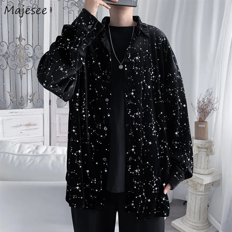 Star-print Shirts Men Loose Spring Fashion Trendy All-match Gothic Leisure Turn-down Collar Clothes Retro Ins Camisas Clothing