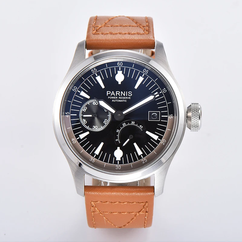 Fashion Parnis 46.5mm Silver Case Automatic Men Watch Power Reserve Calendar Mechanical Men's Sports Watches reloj hombre Gift