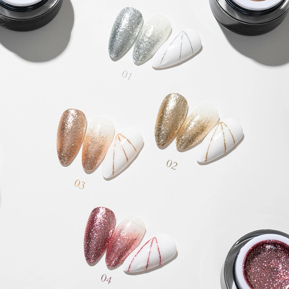 Vendeeni 4 Farben Glitzer-Platin-Gel-Nagellack Feines Pulver Hybrid Funkelnder UV-Gel-Lack Glänzender Nail-Art-Liner-Gel-Lack – Detail 4
