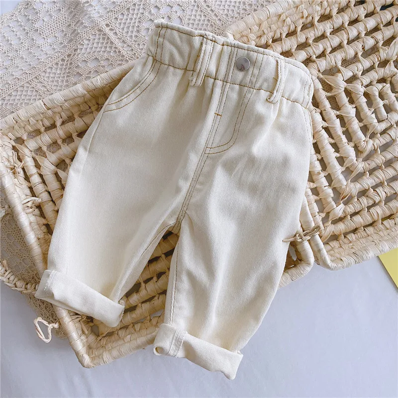 New Jeans Baby Girls Boys Pants High Waist Solid Color Outside Children\'s Trousers Autumn Winter Fashion Kids Cowboy Jeans 2024