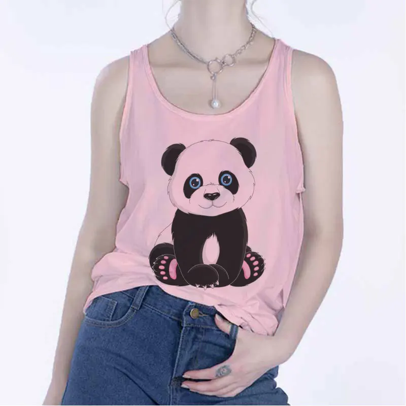 Verão moda feminina camisola sem mangas kawaii dos desenhos animados panda impressão colete casual cinza o-pescoço topos de tanque feminino roupas