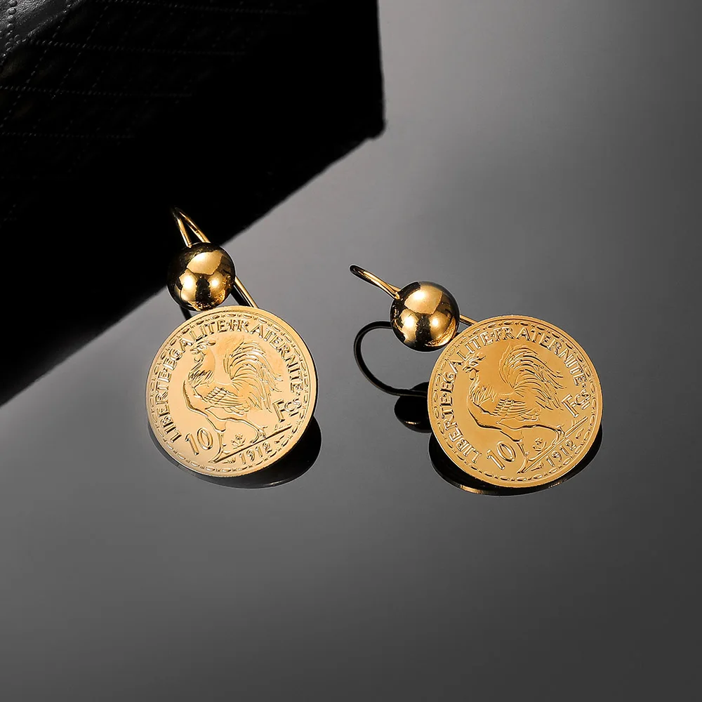 Vintage Engraved Coin Drop Dangle Earrings for Women 10 Franc Coin Round Pendant Earring Pendientes Drop Shipping