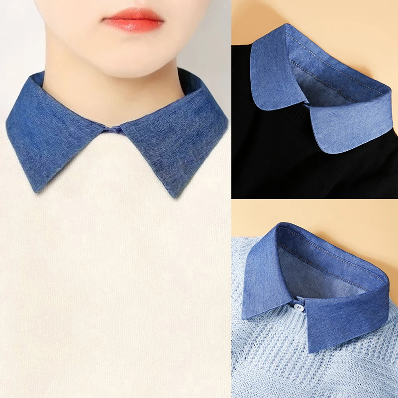 New Brand Solid Blue Shirt Fake Collar Ties Blouse Vintage Detachable Women Ladies Clothes Accessories