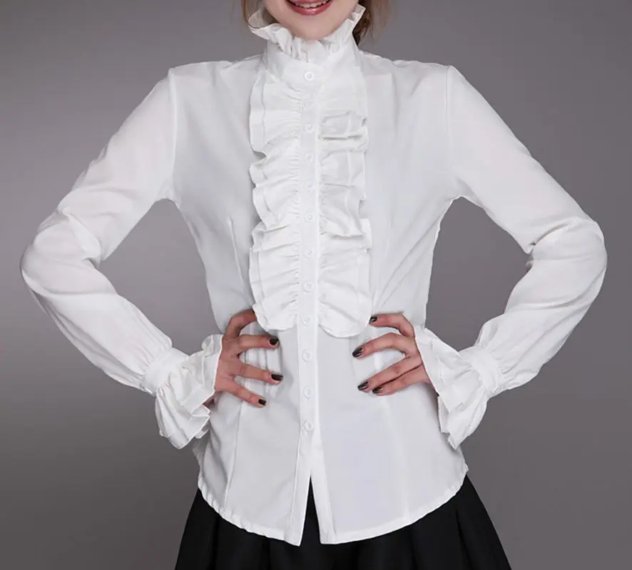 Fashion Victorian Blouses Women OL Office Ladies White Shirt High Neck Frill Ruffle Cuffs Shirts Female Blouse