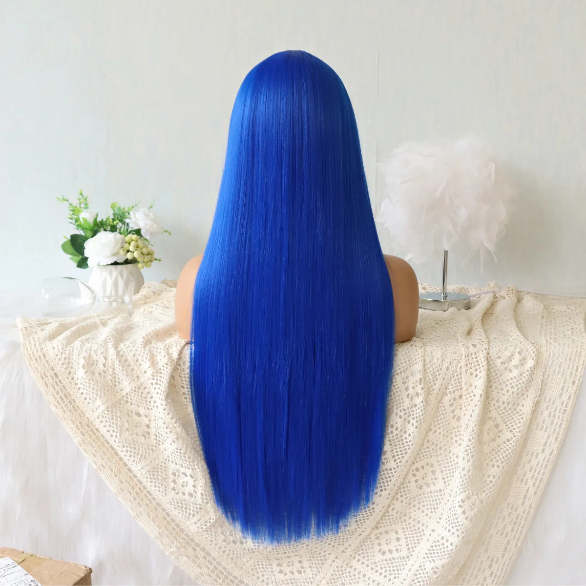 Bright Blue Synthetic Lace Wigs Long Silk Straight Bright Blue Wig with  High Temperature Fiber for Women Party Show