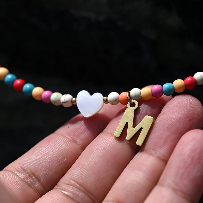 Colorful Beads Initial Choker for Women Stainless Steel Letter Pendant Necklace Fashion Shell Heart Jewelry Boho Accessories