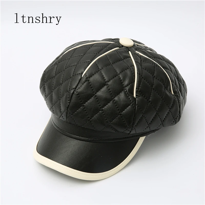 

2021 New Pu Octagonal Cap In Autumn And Winter British Retro Trend Beret Japanese Fashion Women's Leather Hat Woman Hat