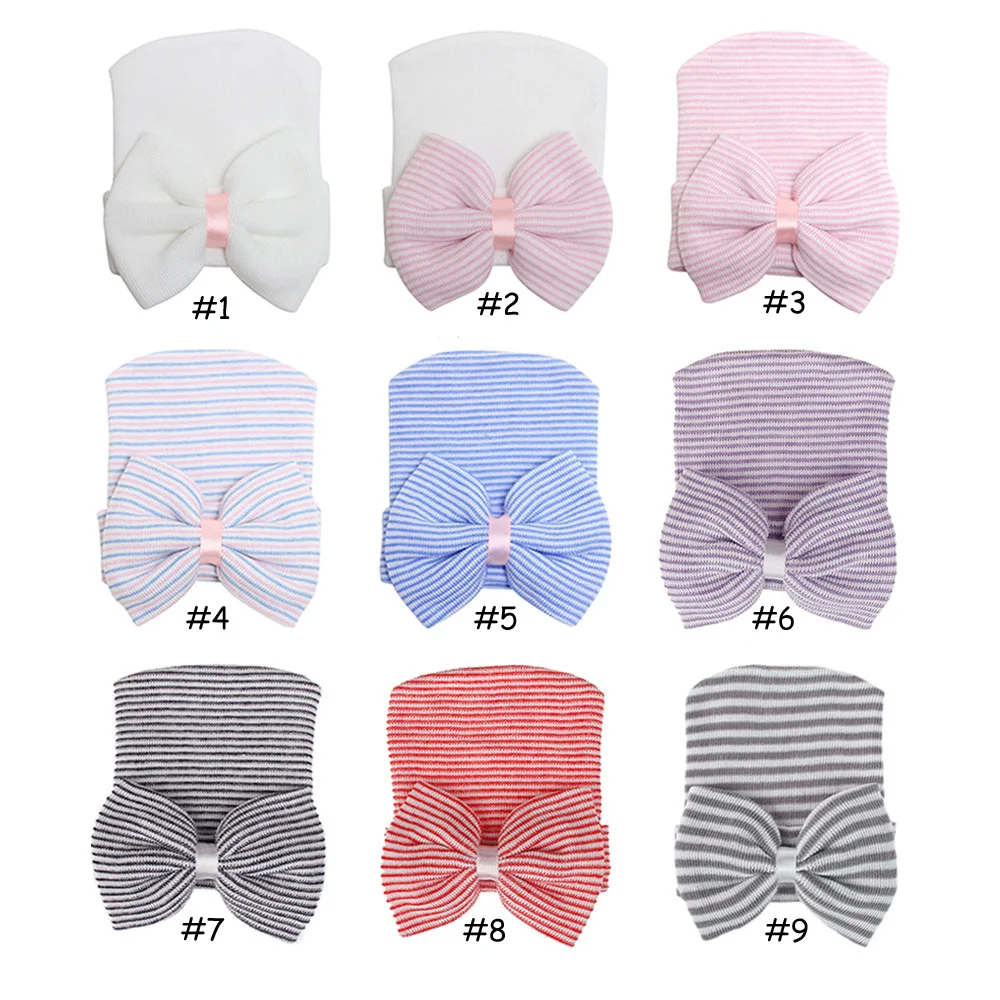 9 PCS/LOT, 0-3 Months Newborn Baby Big Bow Striped Knit Hat, Infant Warm Hat For Autumn And Winter Births Cap