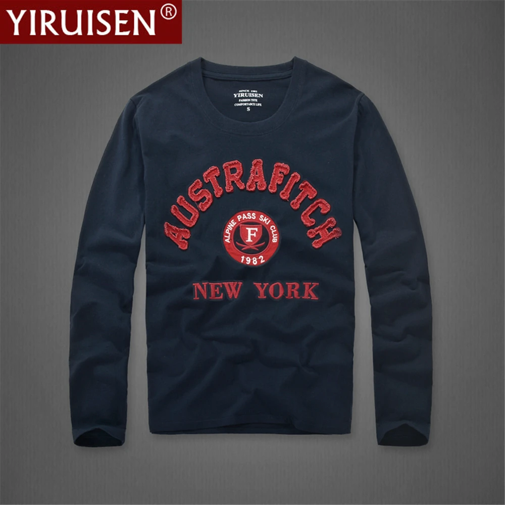 

YiRuiSen Vintage Mens Long Sleeve Tshirts Embroidery O-Neck 100% Cotton Male Clothing Comfortable Breathable Style Fashion Tees