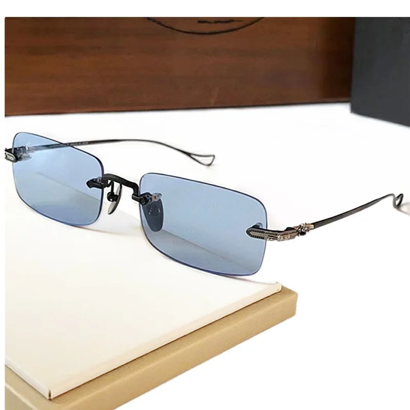 Lxv CHRetro-Vintage Titanium Rectangular Rimless Sunglasses UV400 55-19-143 Unisex Lightweight Men Fashion Carved Polari