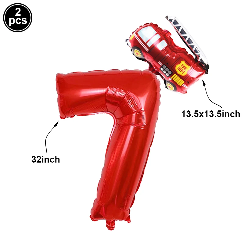 Das Feuer-Party-Dekor-Set enthält einen Zahlen-Folienballon und einen Mini-Feuerwehrauto-Ballon. Feuerwehrmann-Geburtstagsballon für eine Rettungs-Mottoparty – Detail 4