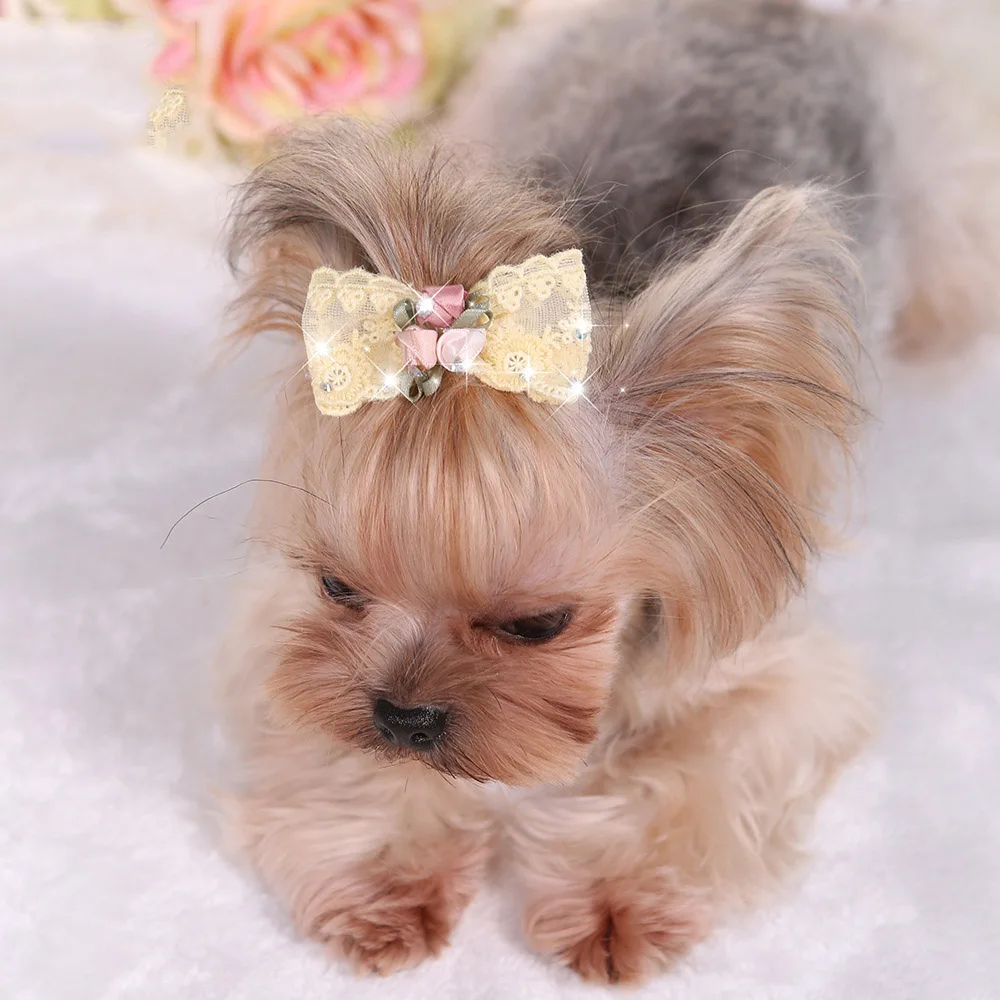 1PC Bling Rhinestone Luxury Pet Puppy Dog Cat Hairpin Hair Bows Tie Dog Lace Hair Clips Pet Dog Grooming Pet Hair Accessories