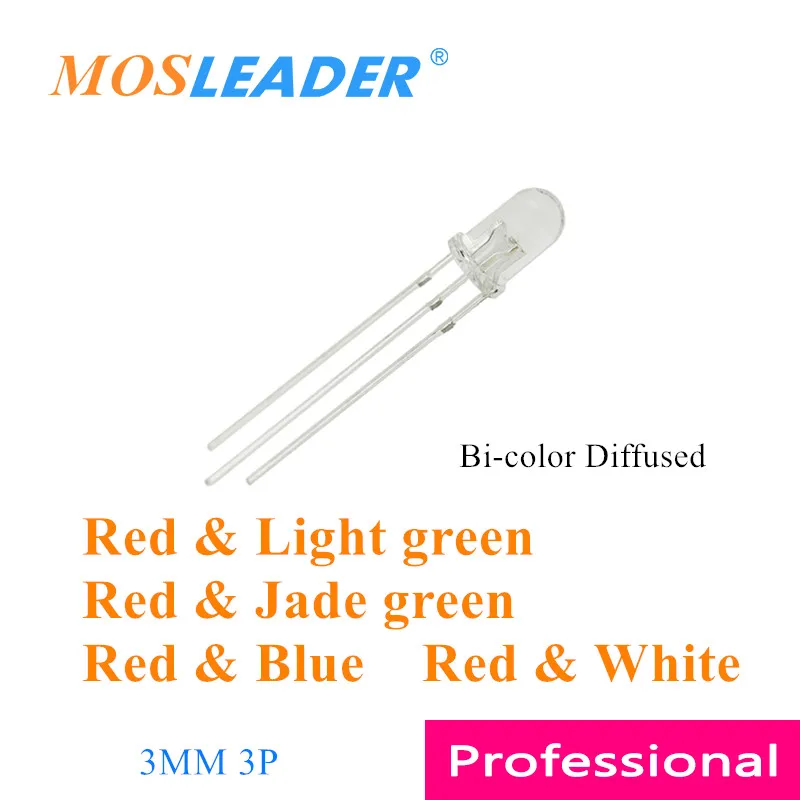 

Mosleader 1000pcs LED 3mm Round Red & Green Red & Blue Red & Blue Two Color Diffused Common Anode Cathode 3 Pins Bi-color 3P