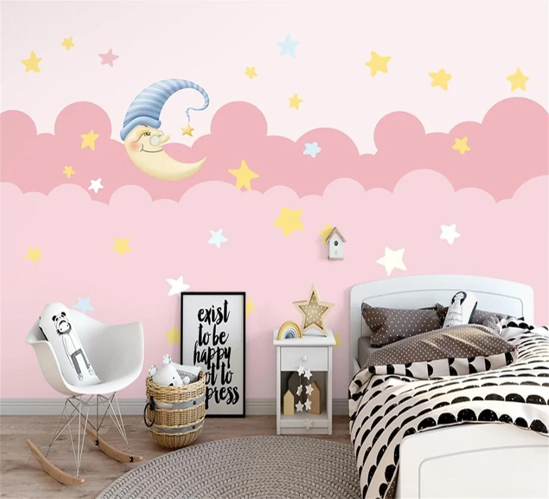 wall papers home decor Customized modern Hand painted cute moon starry pink children's room background 3d wallpaper