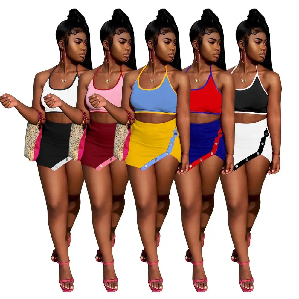 SKMY Women's Sexy 2 Piece Skirt Sets Lace-Up Halter Neck Crop Top Irregular Split Mini Skirt Tracksuit Outfits Fashion