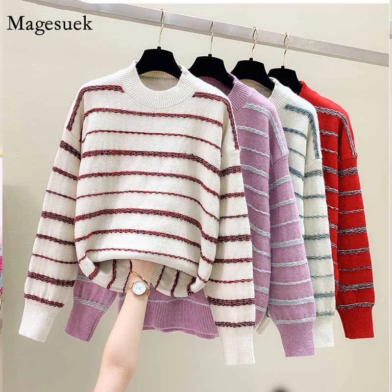 

Fashion Korean Style O-neck Long Sleeve Sweater Pullover Winter Women Loose Striped Women Straight Lazy Clothes Pull Femme 11948