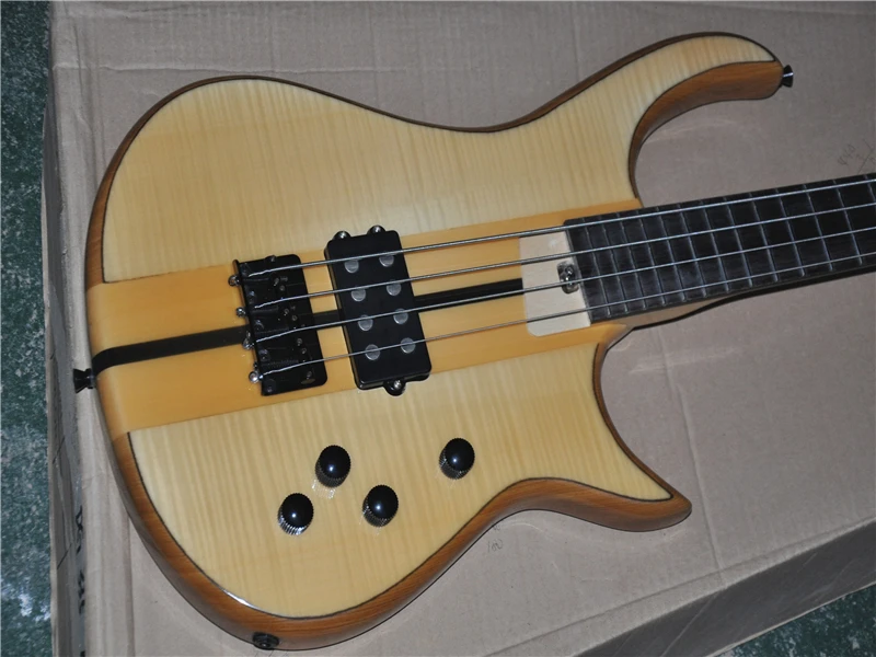 4 Strings ASH body Electric Bass Guitar with Flame Maple Veneer,Active pickups,Neck Through body,Provide customized service